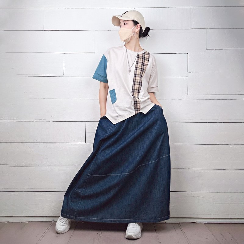 米杏/藍 - 格紋拼接側抓褶不規則T #U1189 - 女上衣/長袖上衣 - 棉．麻 白色