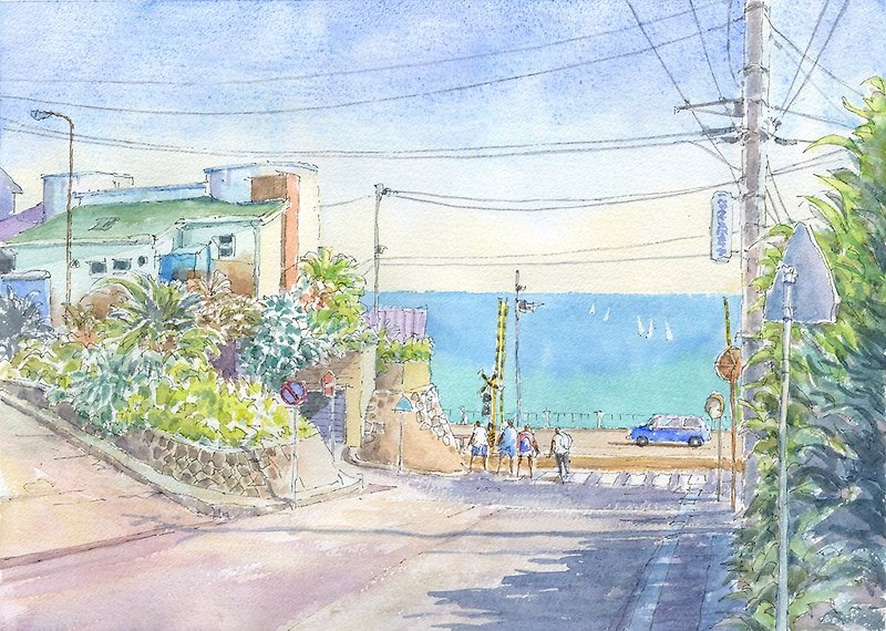 Custom-made watercolor original painting Slam dunk stage Shonan sea - Posters - Paper Blue
