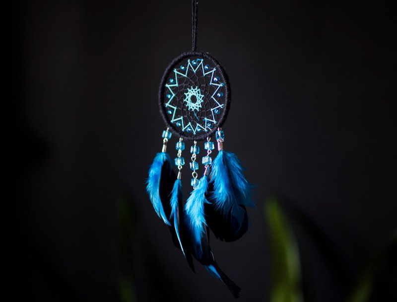 Small black blue dream catcher car size | Black car dreamcatcher for rear view - 壁貼/牆壁裝飾 - 繡線 黑色