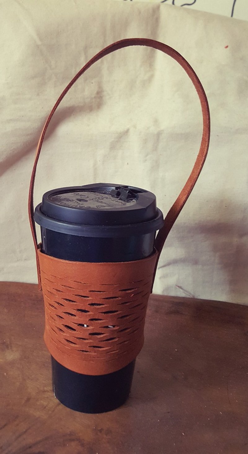 Caramel color basket empty coffee environmental protection pure leather cup holder accompanying cup bag (for Valentine, birthday gift) - ถุงใส่กระติกนำ้ - หนังแท้ สีส้ม