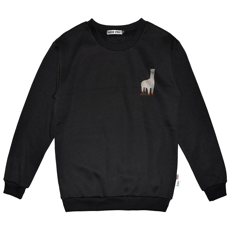 British Fashion Brand -Baker Street- Mustache Alpaca Printed Sweatshirt - Unisex Hoodies & T-Shirts - Cotton & Hemp Black