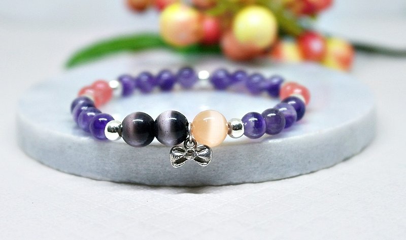 Natural stone X sterling silver elastic bracelet _ purple love bow knie limit X1 - Bracelets - Gemstone Purple