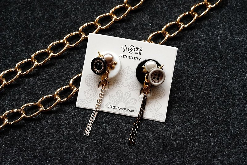 法式甜點 - 珍珠鍊條黑白不對稱耳環 (醫療級抗敏鋼針 / 耳夾) - 耳環/耳夾 - 不鏽鋼 黑色