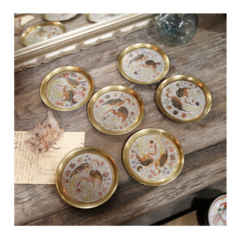 印度老件.手工琺琅釉小銅盤.百花火鶴圖案.擺件.茶托.小置物盤 - 其他 - 其他金屬 