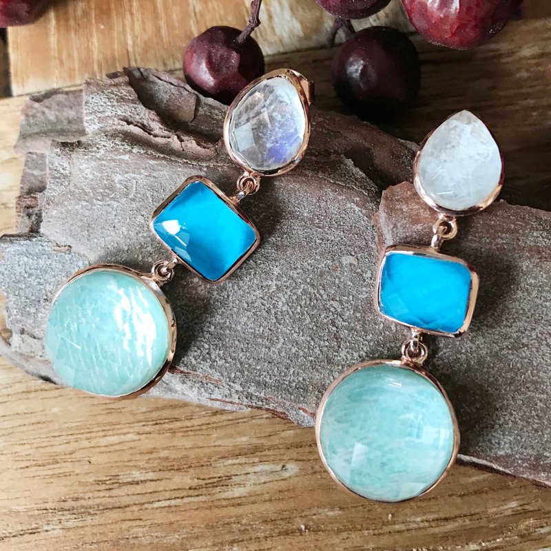 DANCE - RainbowMoonStone & Amazonite Rose Gold Plated Silver Dangling Earring - Earrings & Clip-ons - Gemstone Blue