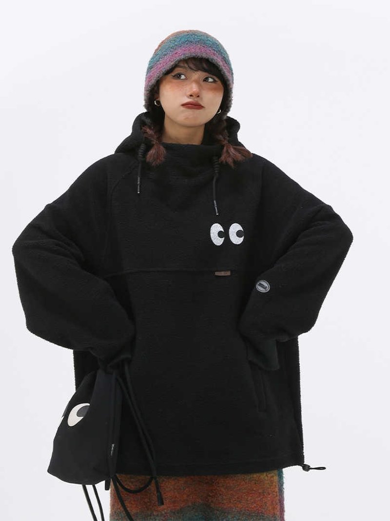 New winter black loose polar fleece hooded sweatshirt - เสื้อผู้หญิง - วัสดุอื่นๆ 