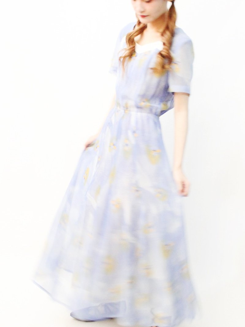 日本製復古優雅浪漫水藍色花朵水彩畫短袖古著洋裝 Vintage Dress - 連身裙 - 聚酯纖維 藍色