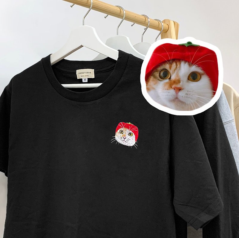 [Customization: two sets] Pet embroidery couple wear cotton short-sleeved T-shirt illustration style - Unisex Hoodies & T-Shirts - Cotton & Hemp Multicolor