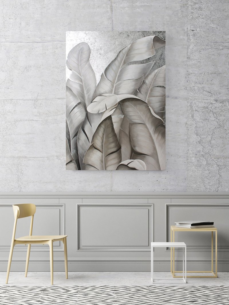 Gray Silver Painting |  Gray Silver Nature | Gray Silver Art | Silver Leaves 2 - 壁貼/牆壁裝飾 - 棉．麻 灰色