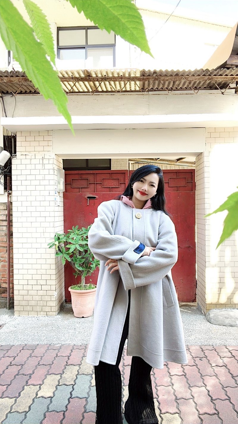 優しく上品でシンプルな藕灰パープル系 ラウンドネック アンゴララビットファーカシミヤ ヴィンテージロングコート - ジャケット - ウール パープル