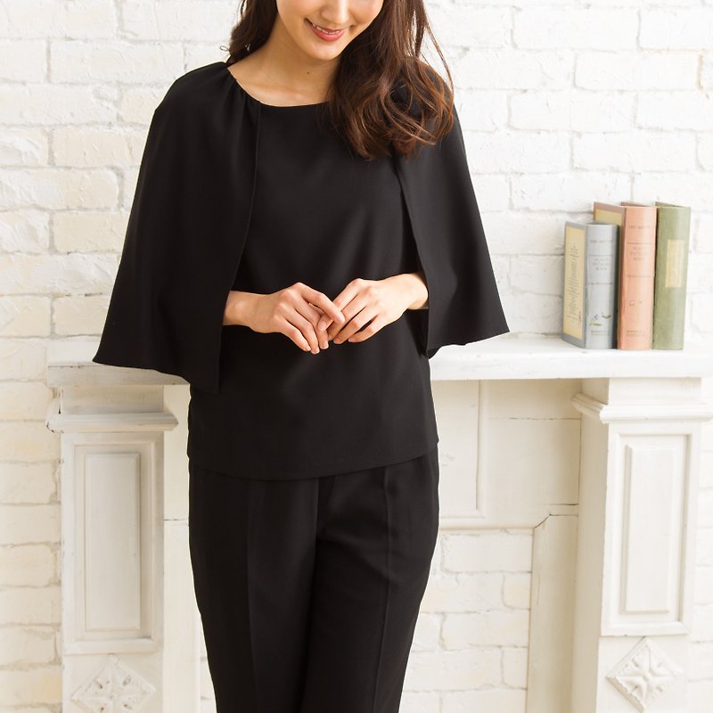 環保材質 女襯衫 黑色 - 【日本製造 100% 原創設計】黑色開袖式斗篷襯衫