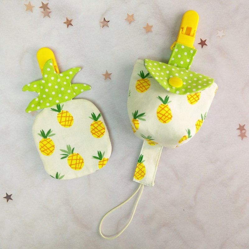 Little pineapple. 3-piece set. Ping talisman bag + pacifier bag + pacifier chain (name can be embroidered) - ของขวัญวันครบรอบ - ผ้าฝ้าย/ผ้าลินิน สีเหลือง