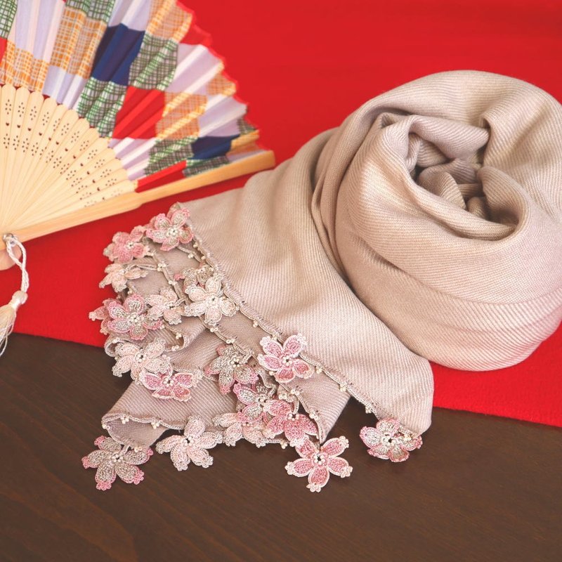 OYA crochet Pashmina shawl【SAKURA】SandBeige - Scarves - Wool Brown