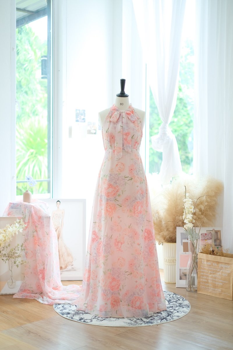 Peach floral maxi bridesmaid dress Prom party cocktail wedding dress - 洋裝/連身裙 - 聚酯纖維 粉紅色
