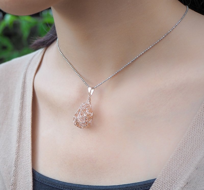 Swirl wire drop shape sterling silver Rose gold plated pendant with chain - สร้อยคอ - เงินแท้ สึชมพู