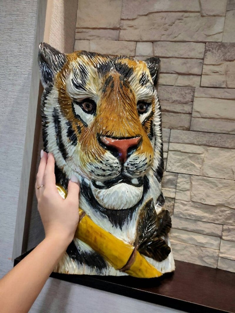 木製の虎の壁の装飾彫刻された虎の虎の図の虎の像の虎の彫刻 - ウォールデコ・壁紙 - 木製 オレンジ