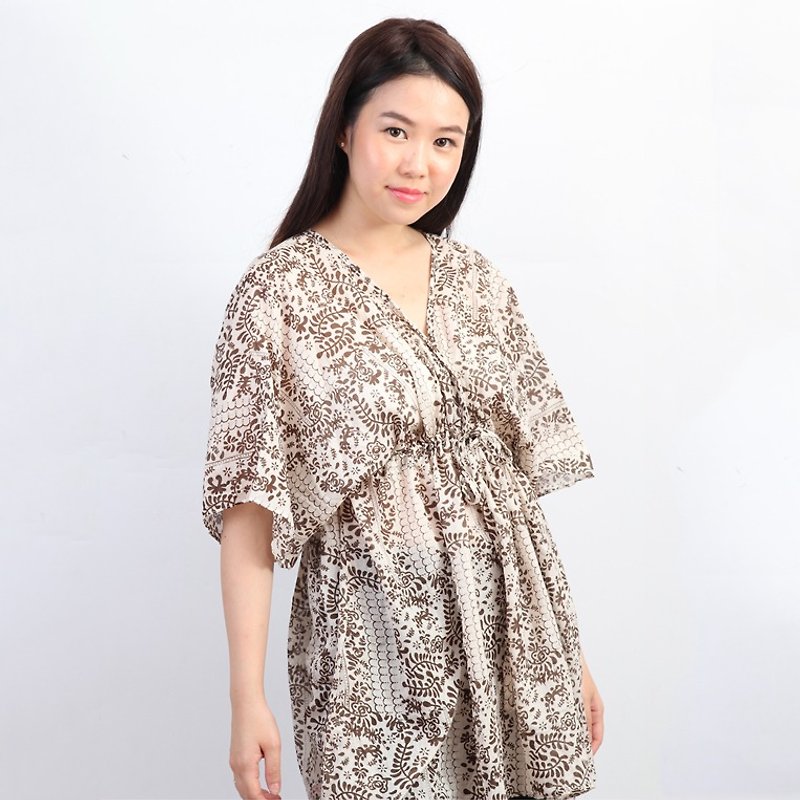 ATIPA Kimono Blouse with Ribbon Tie - Women's Tops - Paper Brown