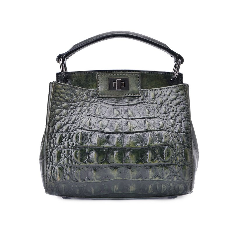 Dark green crocodile pattern head layer of leather hand rubbing classical portable shoulder bag - Handbags & Totes - Genuine Leather Green