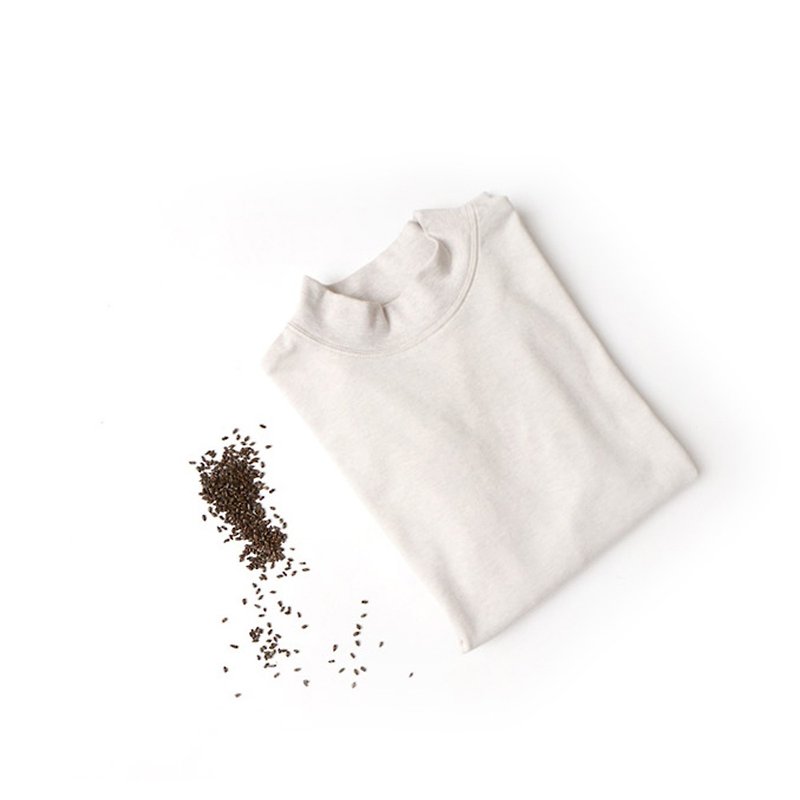 天然植物染女生長袖小高領TEE 灰白色 決明子染色內搭 - T 恤 - 棉．麻 白色