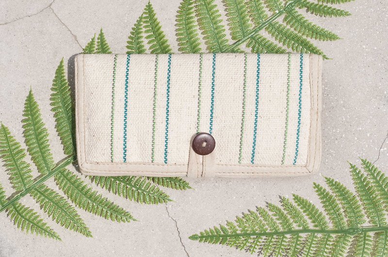 Handmade cotton Linen wallet / long knit stitching leather folder / long wallet / purse / wallet woven - Green Rainbow - Wallets - Cotton & Hemp Multicolor