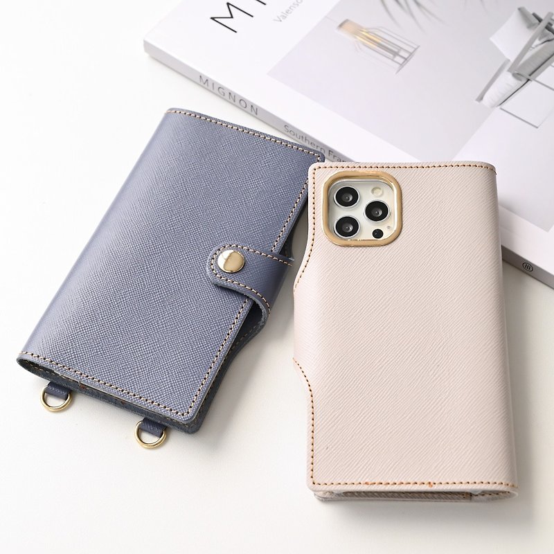 Smartphone Case iPhone Limited Notebook Type [Saffiano Leather Gold Frame] With Belt Smartphone Shoulder Name Engraving Foil Stamping Genuine Leather AN03K - เคส/ซองมือถือ - หนังแท้ สีน้ำเงิน