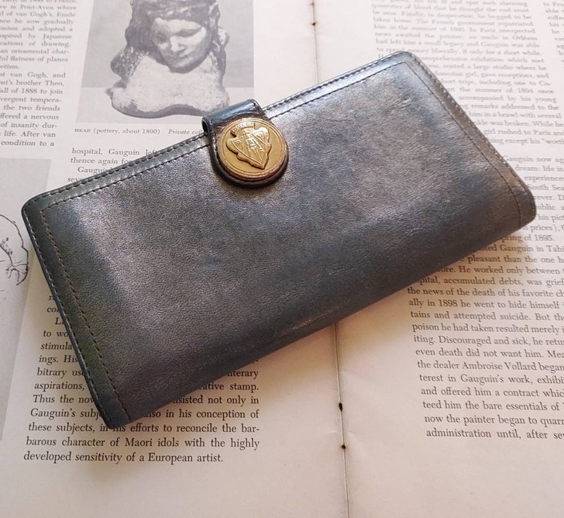 Italy Old Gucci Gucci statuette logo front buckle gray blue gold pure thick cowhide long wallet - Wallets - Genuine Leather 