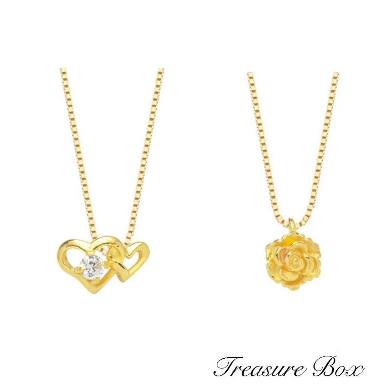 藏寶箱金飾 9999黃金純金 鑽石雙愛心 薔薇墜子 鎖骨鏈項鍊 - 項鍊 - 24k 金 