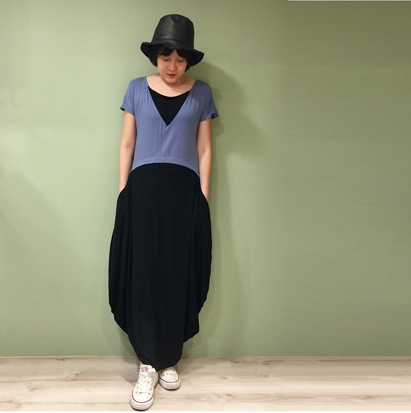 Dress 假二件圓設計長洋-藍配黑 - 連身裙 - 棉．麻 藍色