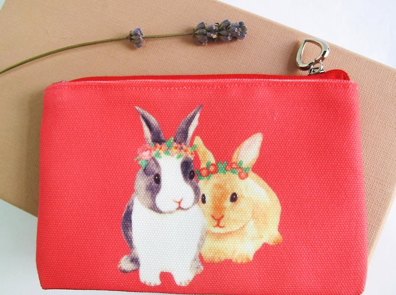 Bunnies Coin Bag/Pink Rabbits Purse/Zipper Bag/Dog Zipped Pouch/Small Clutch/Coin Wallet/Card Holder - กระเป๋าเครื่องสำอาง - ผ้าฝ้าย/ผ้าลินิน สีแดง