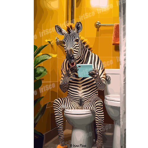 IriSco Zebra on the toilet, funny bathroom print, safari, humor, ai, svg, eps, jpg