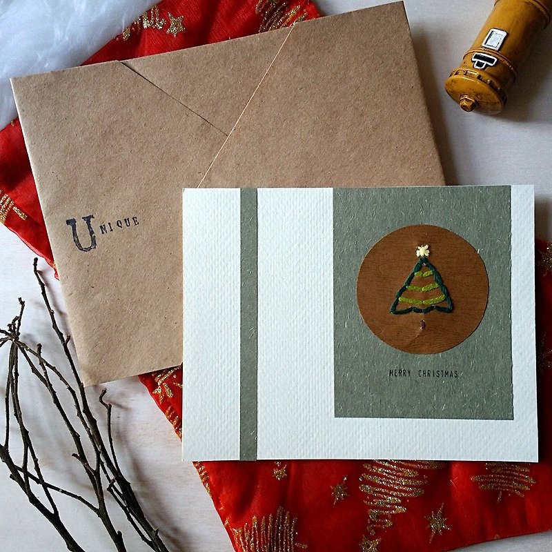 Hand-stitched image Christmas card (Christmas tree) (original) - การ์ด/โปสการ์ด - กระดาษ หลากหลายสี