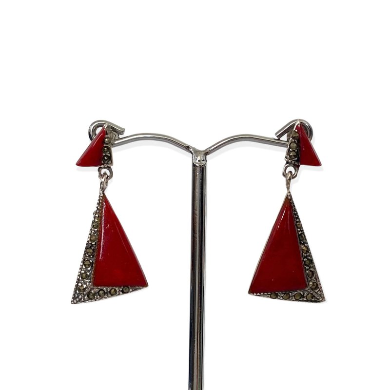 Art Deco Style Triangle Red Coral and Marcasite Earrings/Set 925 Sterling Silver - 耳環/耳夾/耳骨夾 - 純銀 紅色