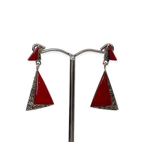 alisadesigns Art Deco Style Triangle Red Coral and Marcasite Earrings/Set 925 Sterling Silver
