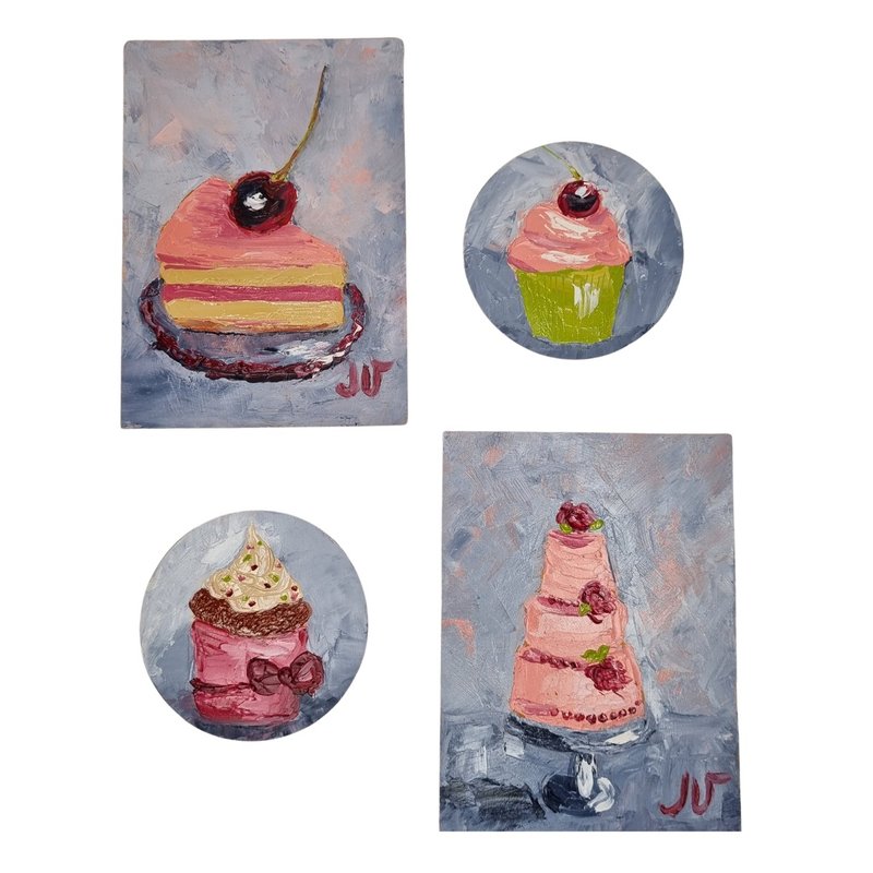 Original Oil Painting Birthday Cake Piece of Cake with Cherry Cupcake 4 pcs - Wall Décor - Other Materials Multicolor