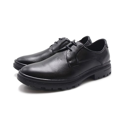 米蘭皮鞋Milano Sollu 巴西專櫃 2孔真皮粗礦工業風綁帶皮鞋-黑