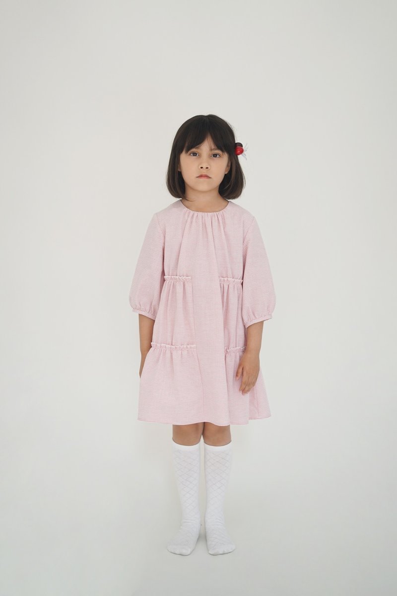 HANASHIDA2019秋季橘粉條紋連衣裙 - 女童洋裝/裙子 - 棉．麻 
