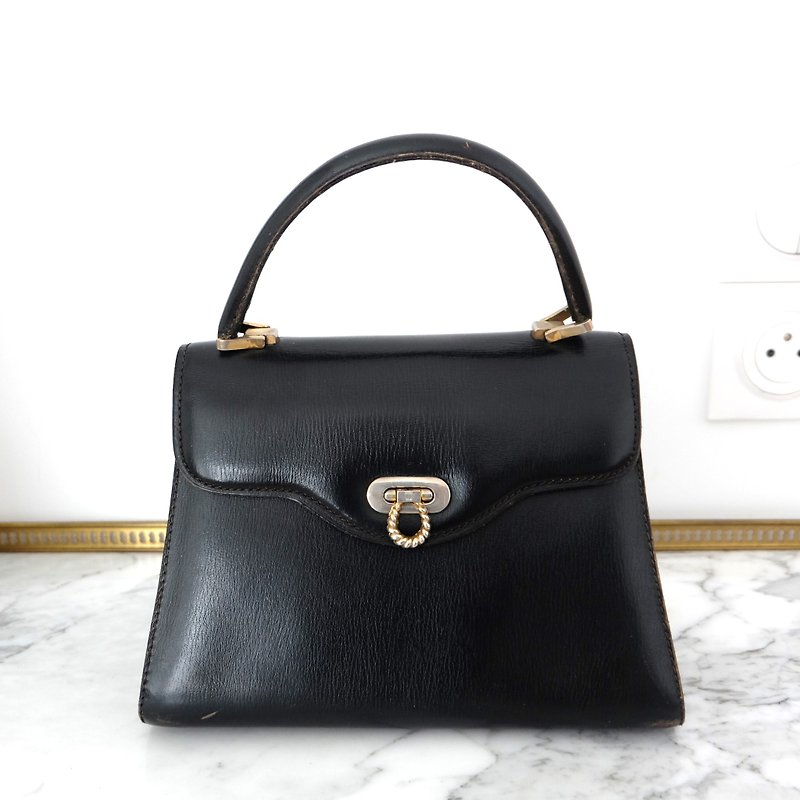 French Vintage Micarl Trapezoidal Black Leather Handbag - Handbags & Totes - Genuine Leather Black