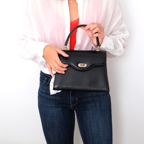 French Vintage Micarl Trapezoidal Black Leather Handbag