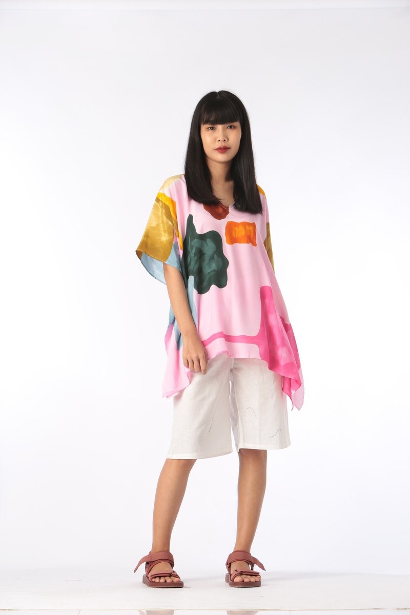 Poncho Blouse Cotton Silk V Nack Hand Painted for Summer res - 女上衣/長袖上衣 - 棉．麻 粉紅色