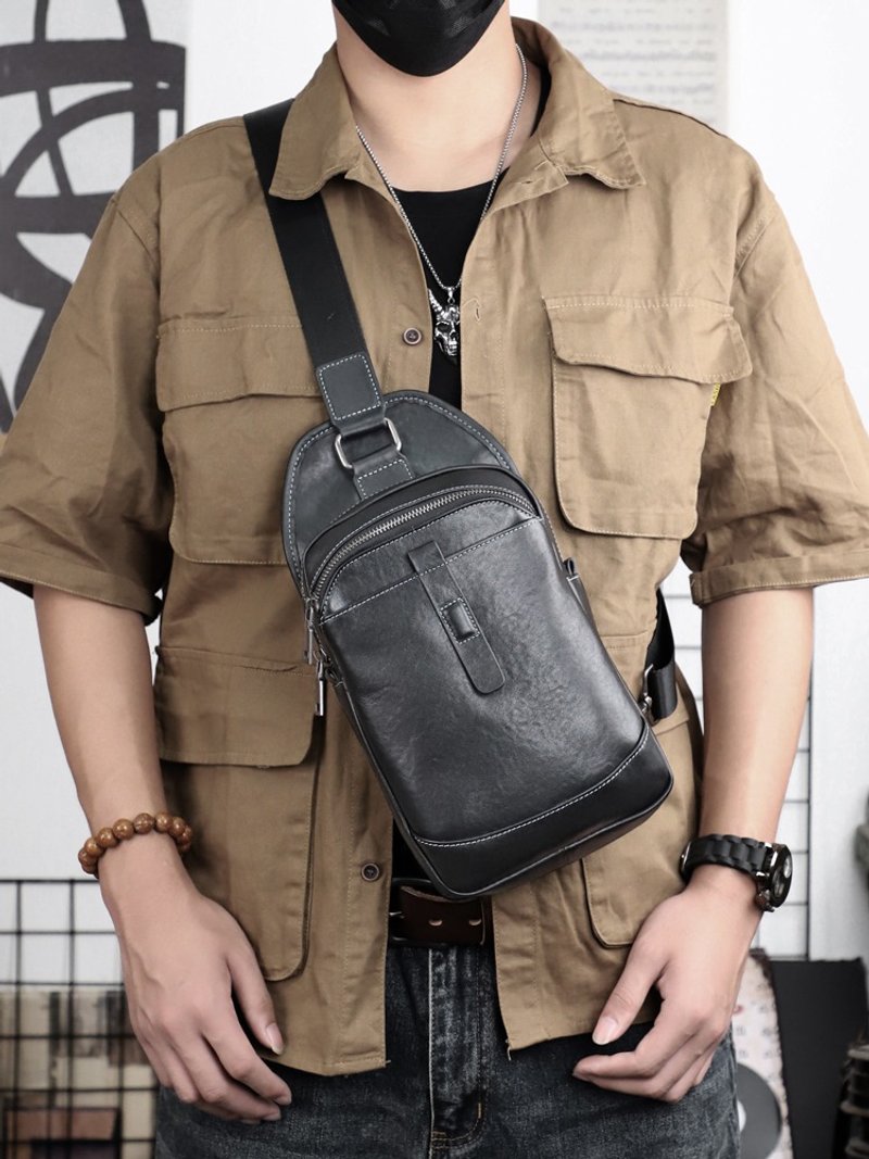 Casual Chest Shoulder Bag For Men Genuine Leather Male Crossbody Bag Travel - กระเป๋าแมสเซนเจอร์ - หนังแท้ สีดำ