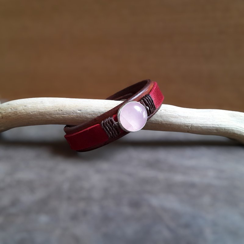 Red Leather Bracelet with Natural Rose Quartz on Sterling Silver Pendant - Bracelets - Gemstone Red