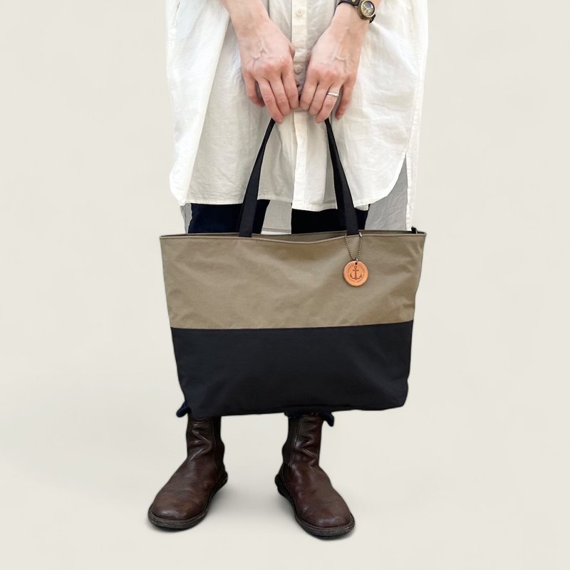 tsumiki Khaki x Black KONBU Water-repellent nylon tote bag Made to order - กระเป๋าถือ - ไนลอน สีกากี