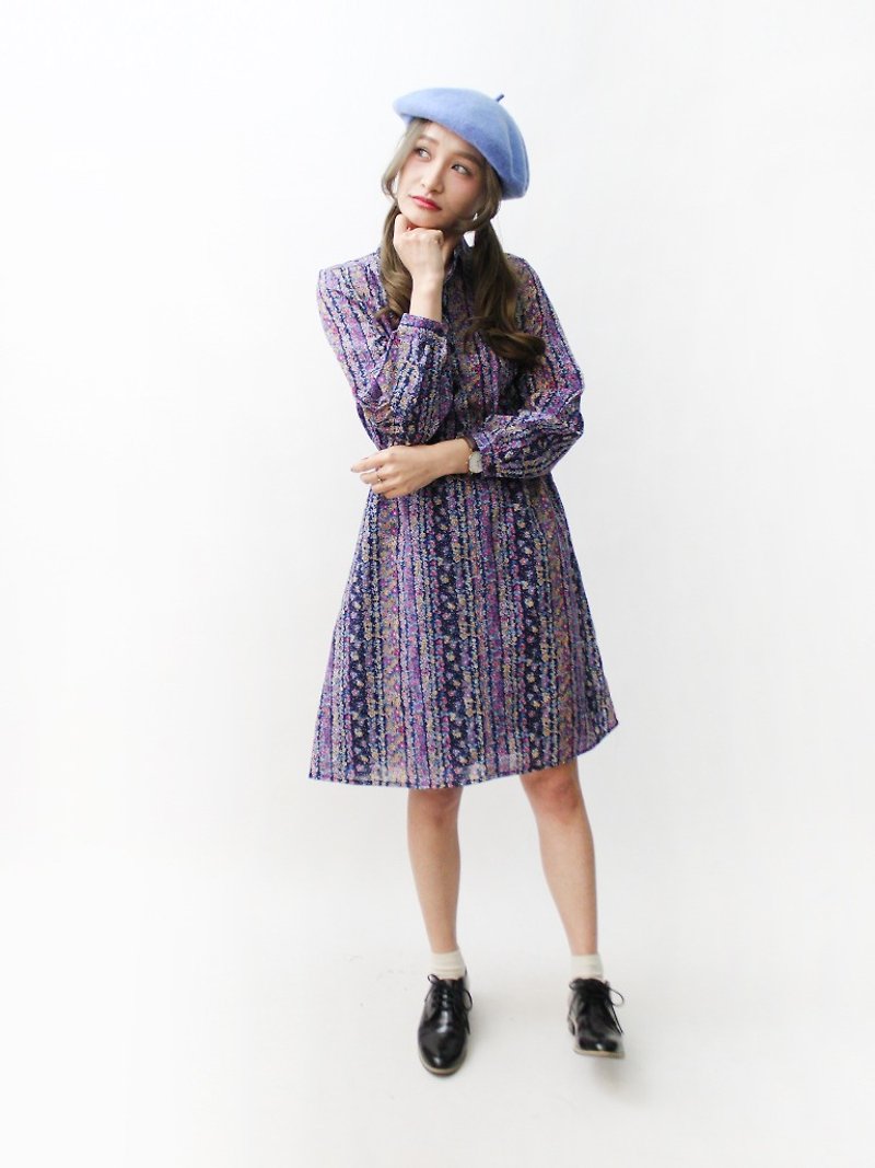 [RE0322D1001] retro floral totem long-sleeved striped stitching purple spring and summer vintage dress - One Piece Dresses - Polyester Purple