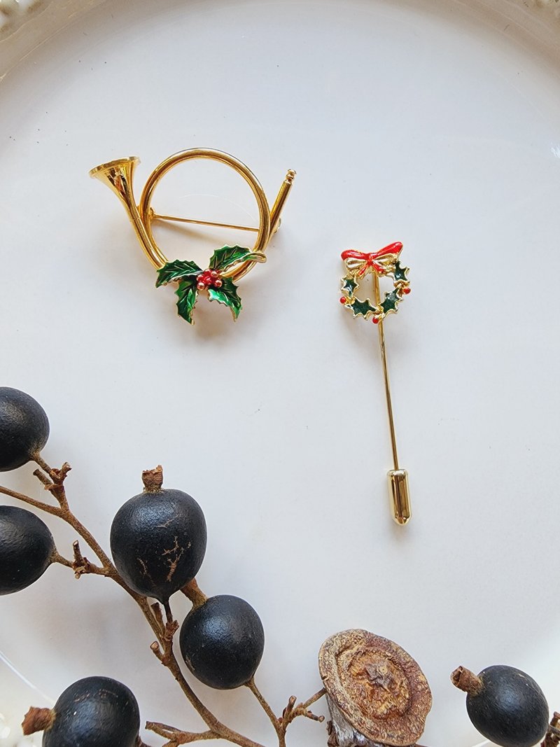 美國西洋古董飾品 / 槲寄生聖誕法國號花圈胸針/帽針/復古首飾 - 其他 - 其他金屬 