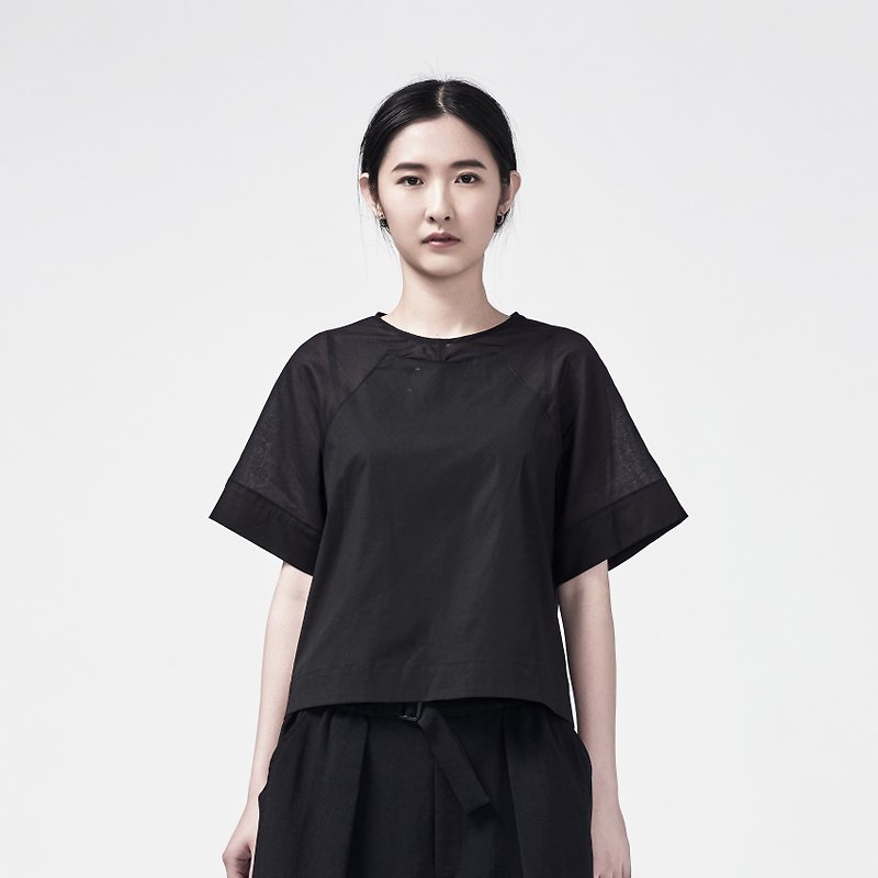 TRAN- Transparent Wide Sleeve Lackland Top - เสื้อผู้หญิง - ผ้าฝ้าย/ผ้าลินิน สีดำ