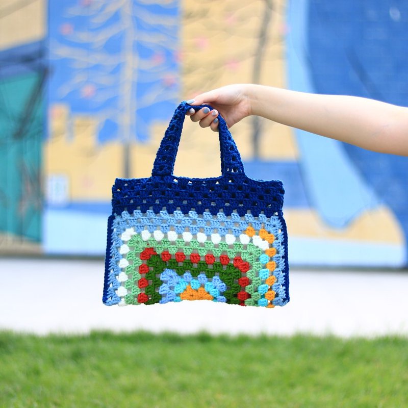 簡約對折織片手提袋 - 藍綠主調 - 手提包/手提袋 - 棉．麻 多色