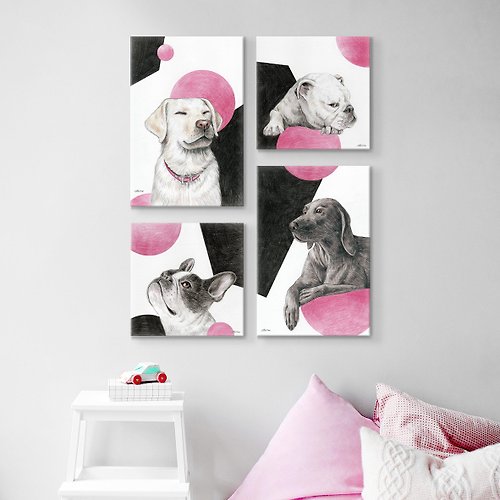 LITTLE GRAY 【無框畫系列】手繪動物複製畫_ 狗狗與粉色空間