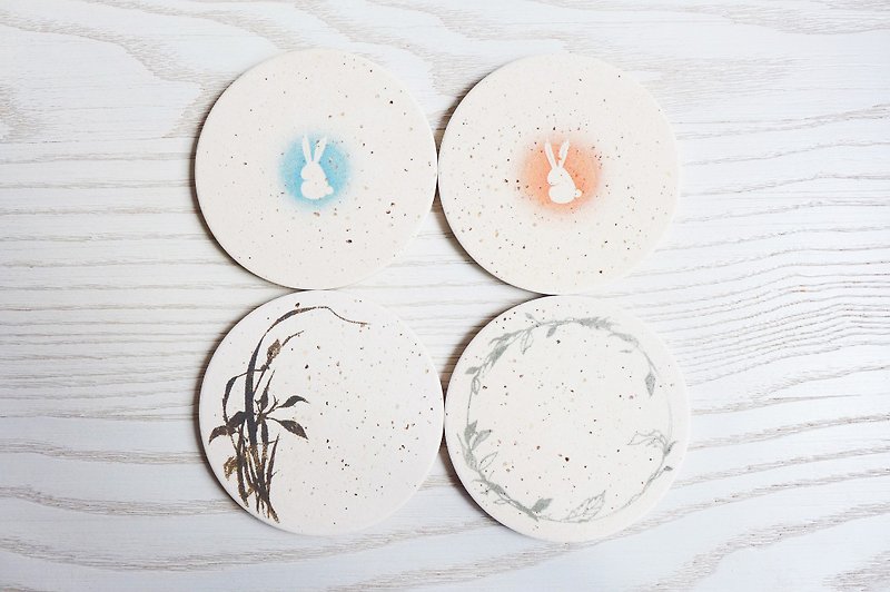 Surprising instant coaster [4 into the value group] - Jade rabbit red / blue + flower good moon / Lan Gui Tengfang Japanese style hall diatomaceous earth diatomaceous earth instant water droplets water suppression bacteria gift - Coasters - Other Materials 