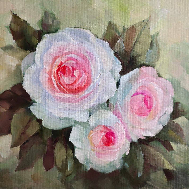 Original oil painting on canvas Roses, flowers, bouquet, Wall art - โปสเตอร์ - ผ้าฝ้าย/ผ้าลินิน สึชมพู