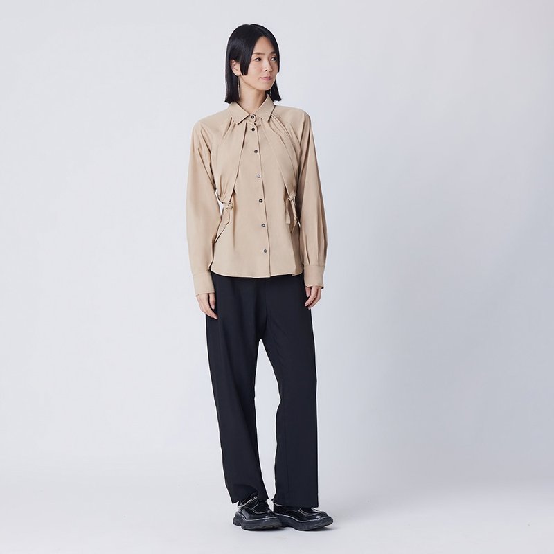 外層拼幅長袖恤衫 - 女襯衫 - 其他人造纖維 卡其色